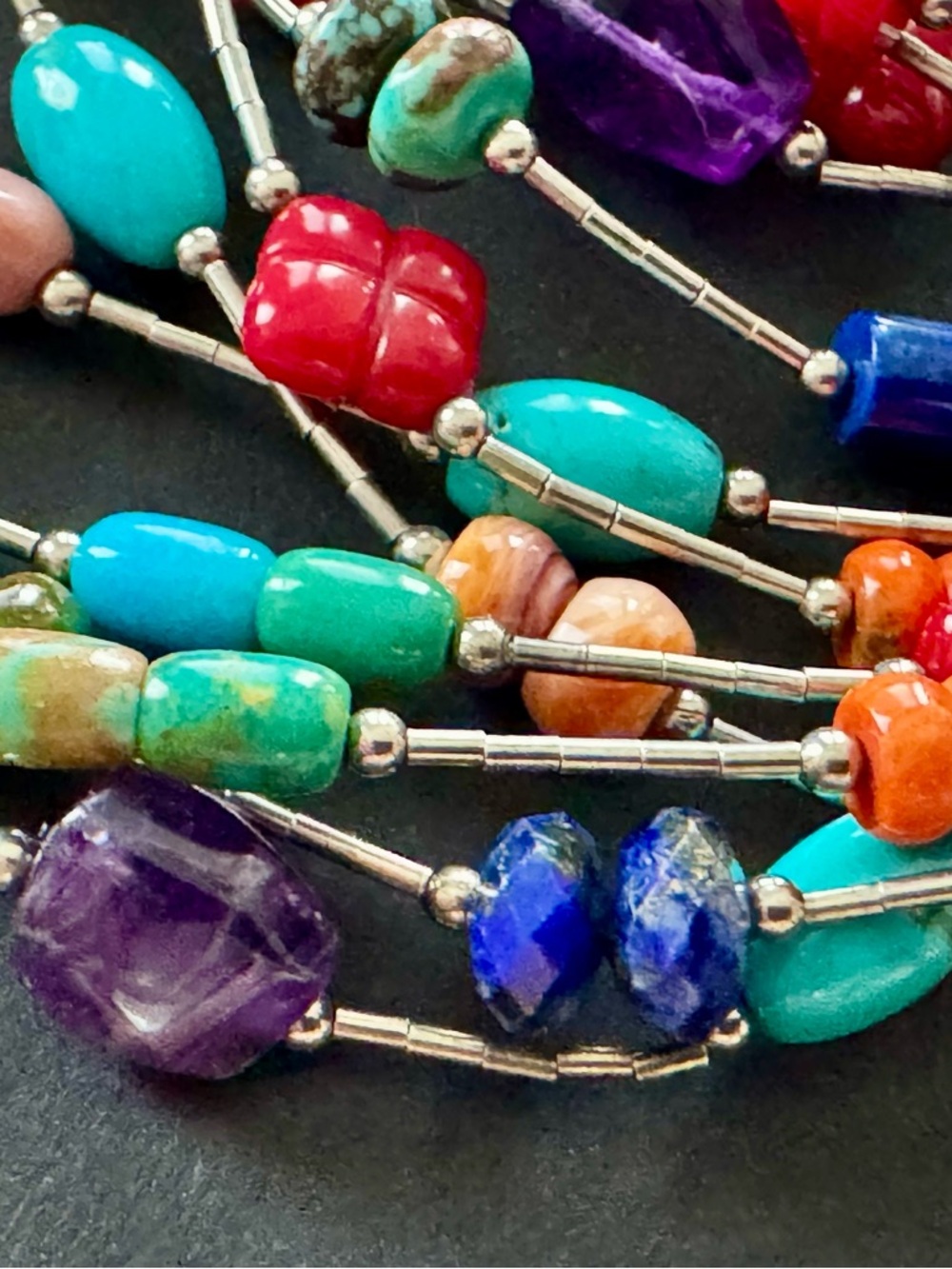 Fabulous Vibrant Silver Multicolor Beaded Multi-Strand Bracelet - Gemstone Mix - Picture 8 of 9